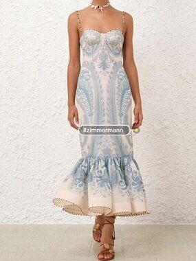 Zimmermann Blue Paisley Linen Silk Midi Dress Slip Strap Size 0